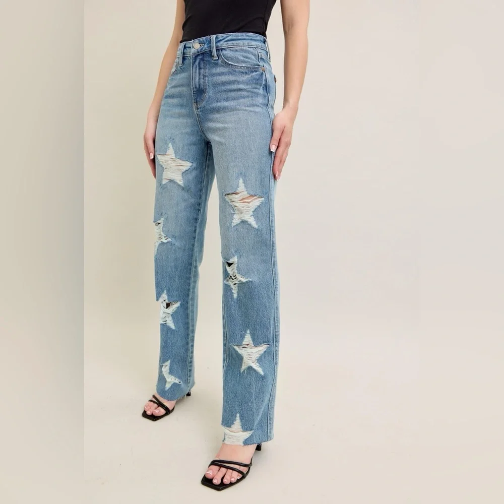 Judy Blue High Waist  Rigid Magic Star Shaped Destroy 90's Straight Jeans - Picture 6 of 9